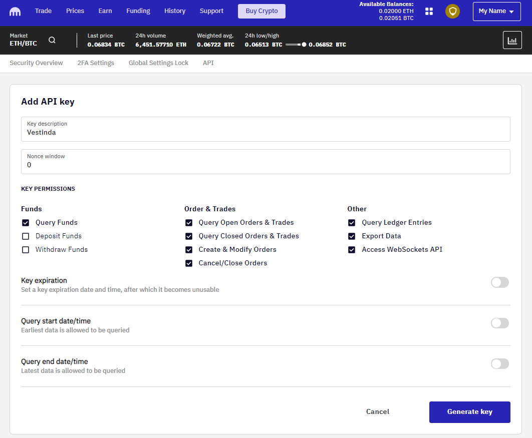 Kraken API Settings